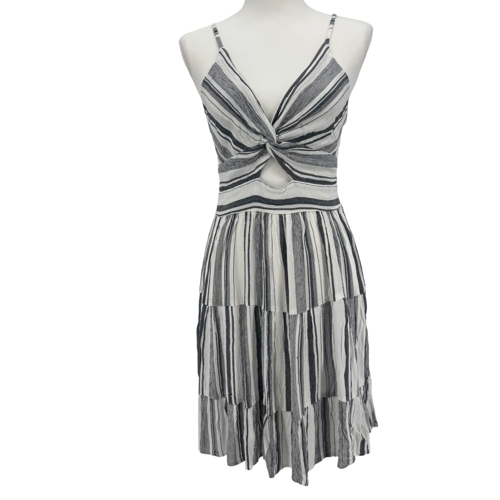 Angie Dress Striped Twist Front Keyhole Tiered Sundress White Gray Women‎ Size L